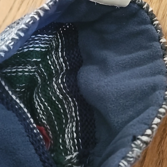 Homage Cable Knit Winter Hat - Variegated gray, navy, green pom pom - Picture 3 of 7